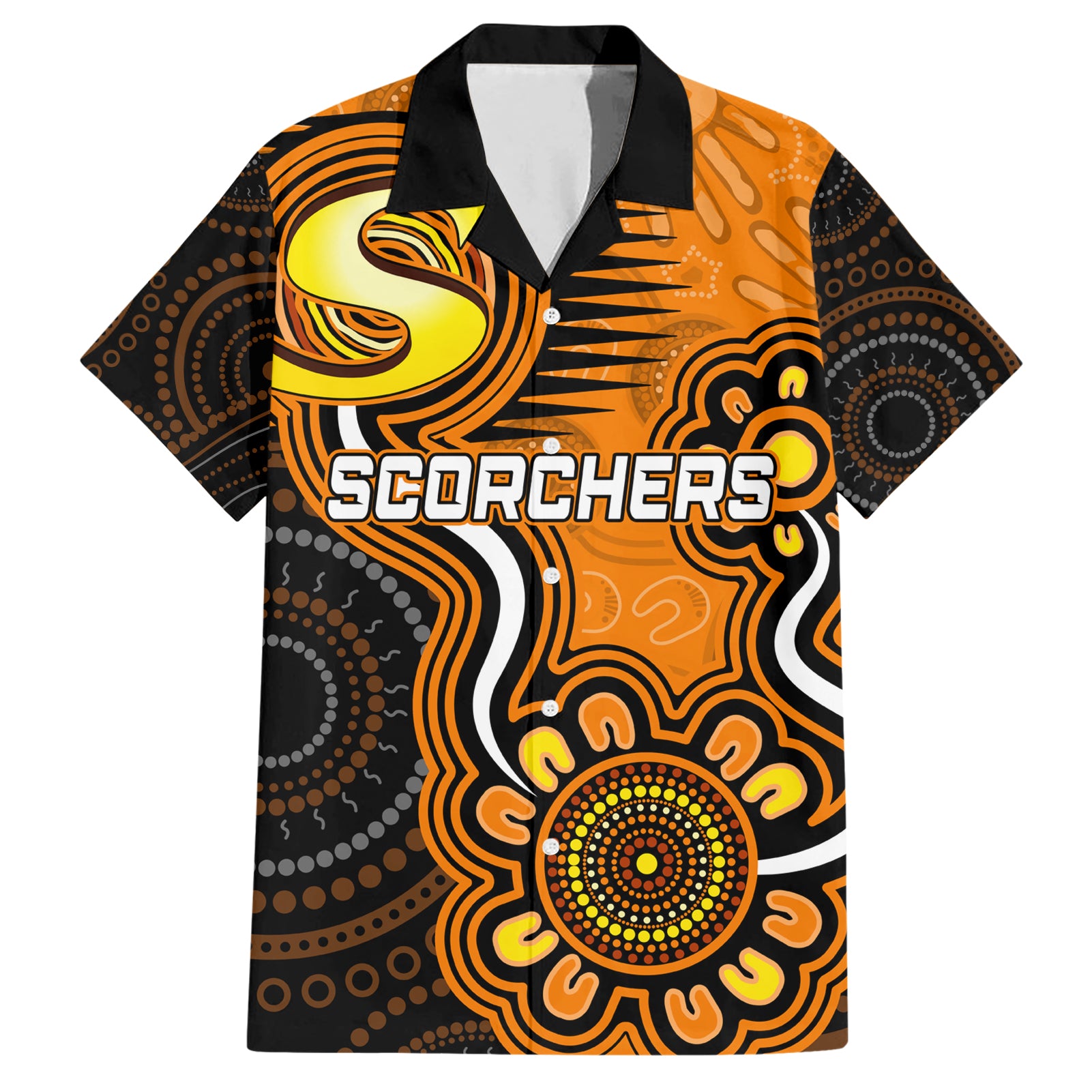 custom-scorchers-cricket-indigenous-family-matching-short-sleeve-bodycon-dress-and-hawaiian-shirt-champions-fire-up