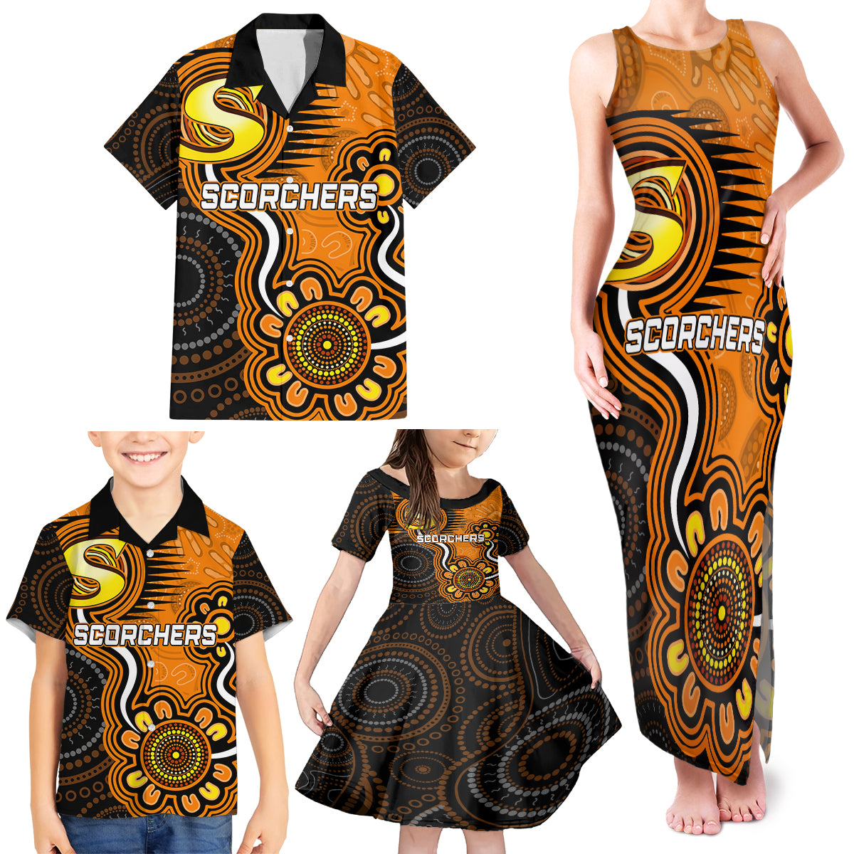 custom-scorchers-cricket-indigenous-family-matching-tank-maxi-dress-and-hawaiian-shirt-champions-fire-up