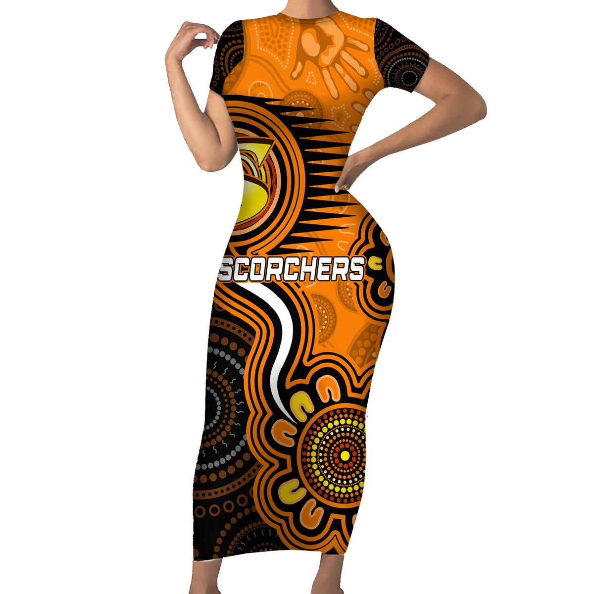 custom-scorchers-cricket-indigenous-short-sleeve-bodycon-dress-champions-fire-up