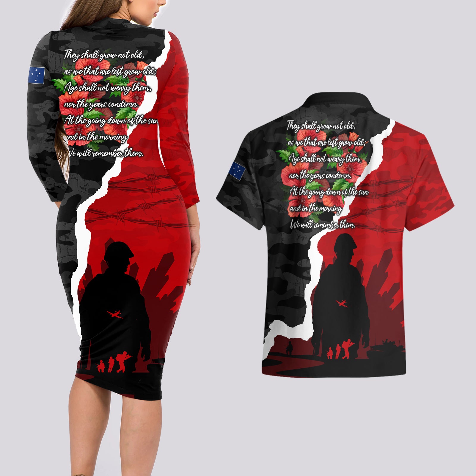 Anzac Day Camouflage Couples Matching Long Sleeve Bodycon Dress and Hawaiian Shirt Ode of Remembrance