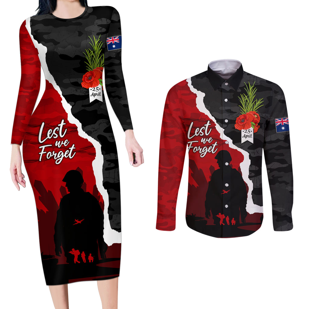 Anzac Day Camouflage Couples Matching Long Sleeve Bodycon Dress and Long Sleeve Button Shirt Ode of Remembrance