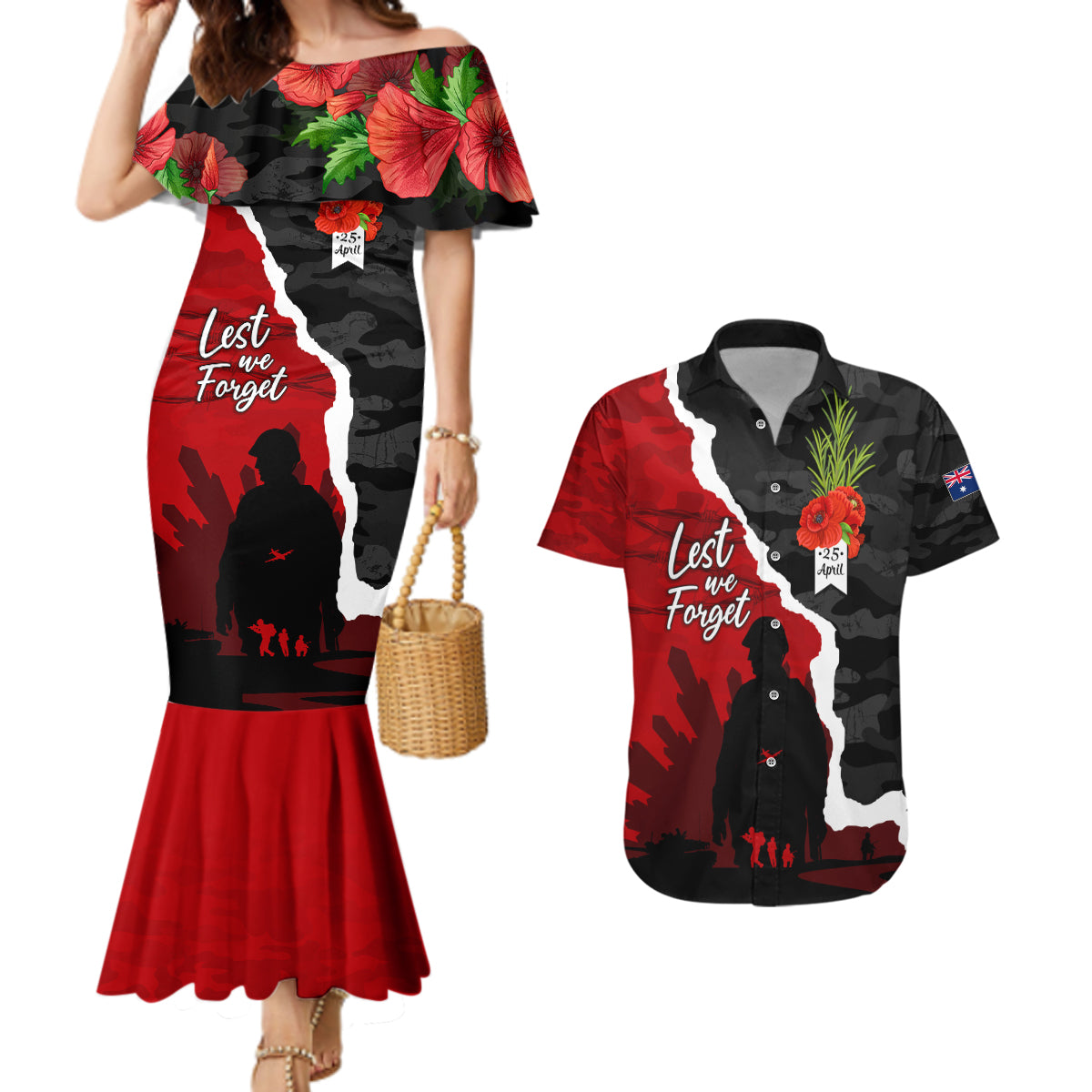 Anzac Day Camouflage Couples Matching Mermaid Dress and Hawaiian Shirt Ode of Remembrance