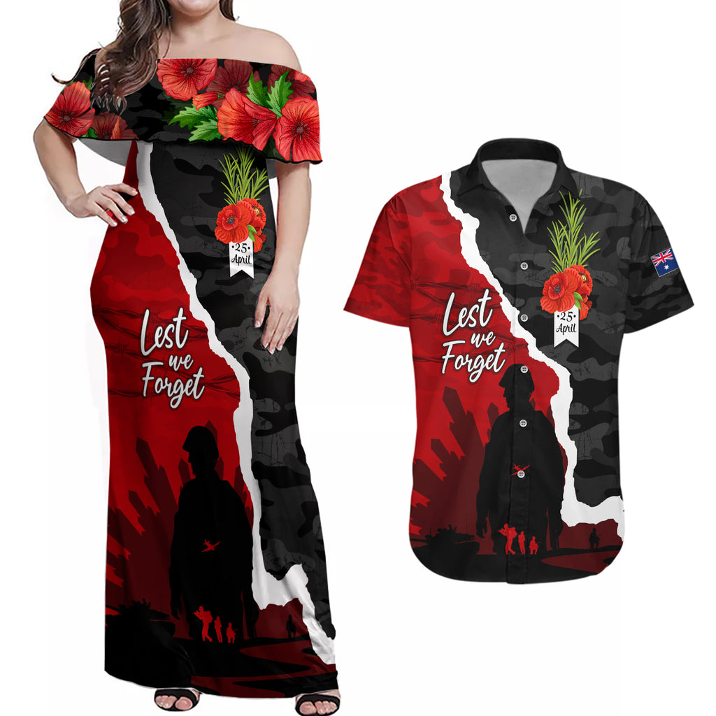 Anzac Day Camouflage Couples Matching Off Shoulder Maxi Dress and Hawaiian Shirt Ode of Remembrance
