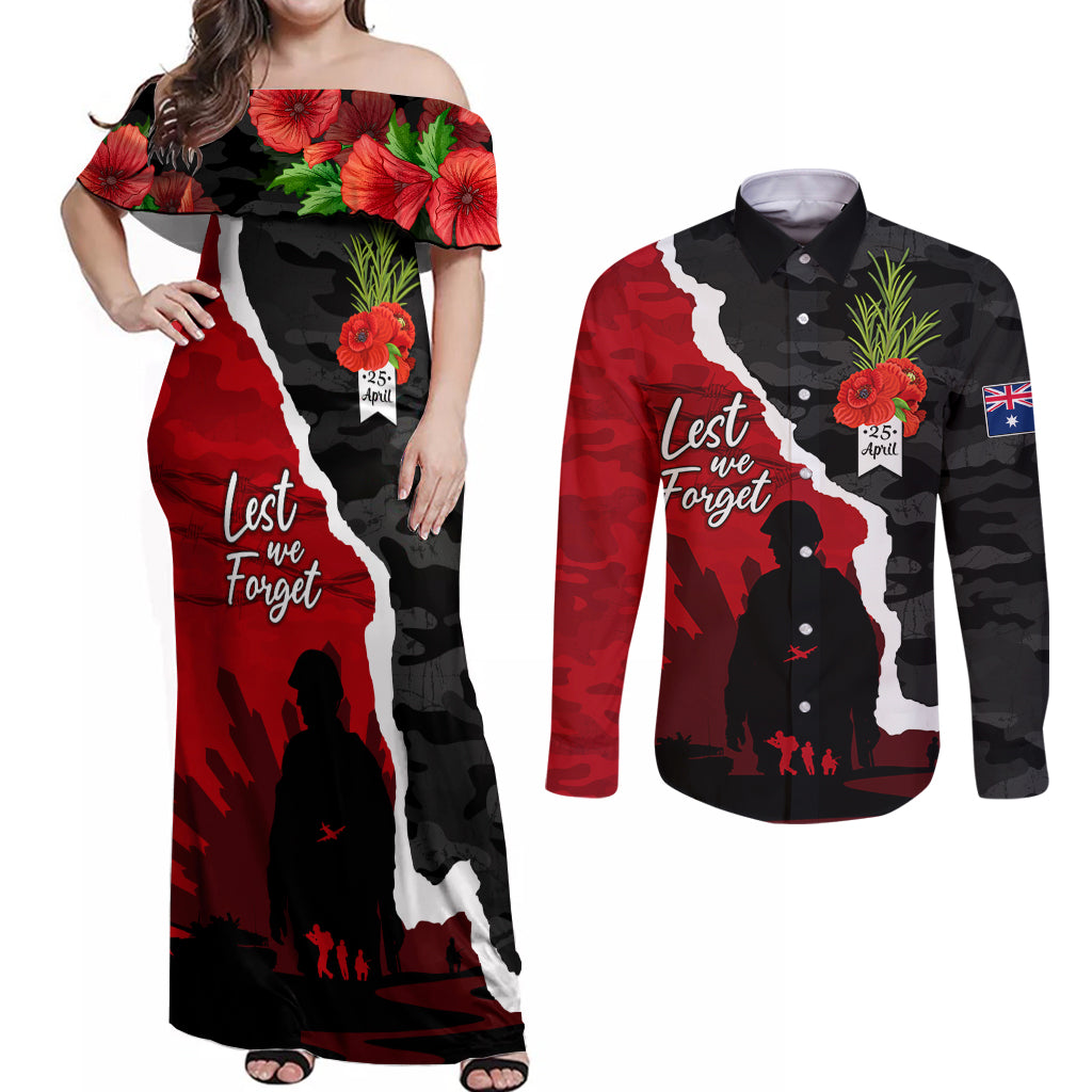 Anzac Day Camouflage Couples Matching Off Shoulder Maxi Dress and Long Sleeve Button Shirt Ode of Remembrance