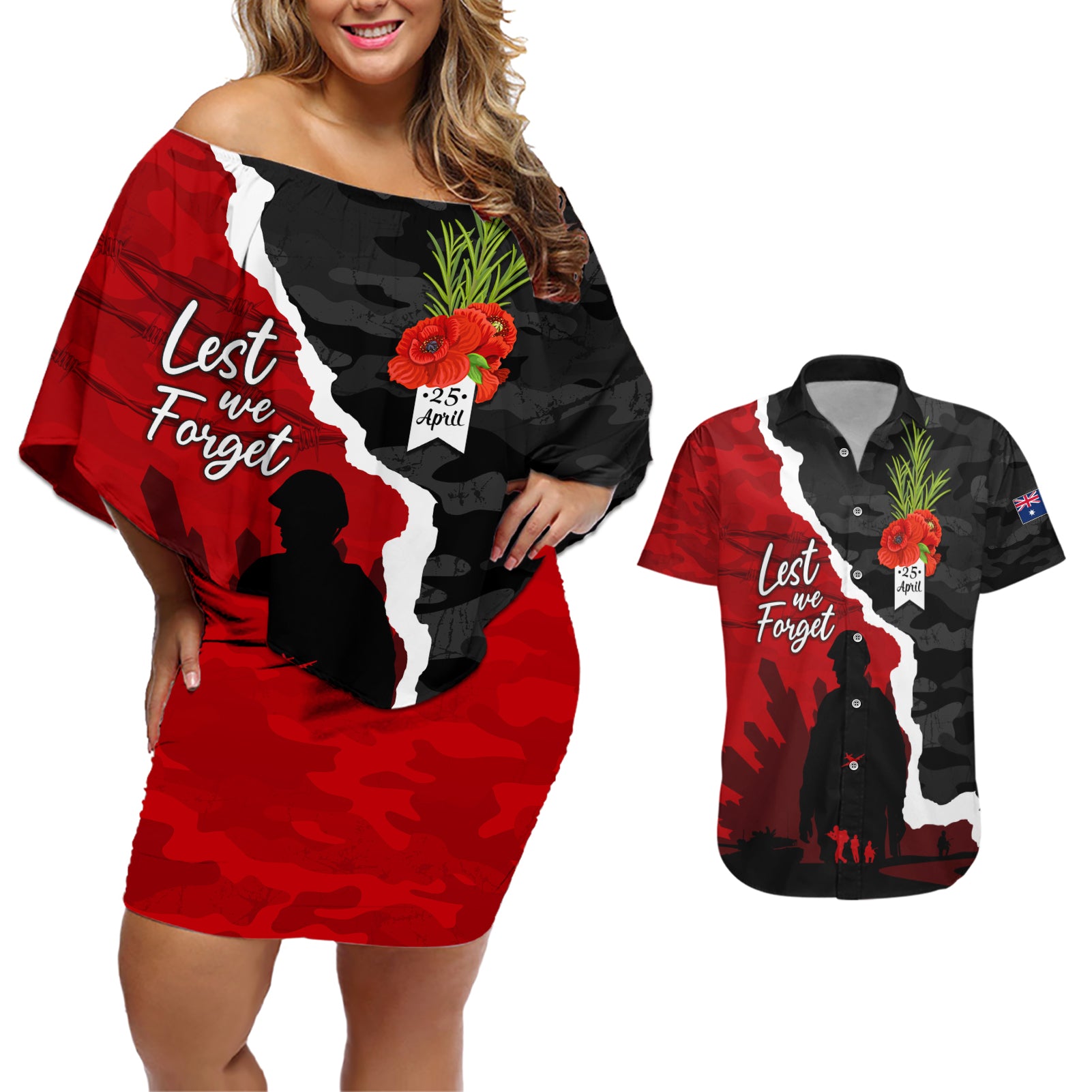 Anzac Day Camouflage Couples Matching Off Shoulder Short Dress and Hawaiian Shirt Ode of Remembrance