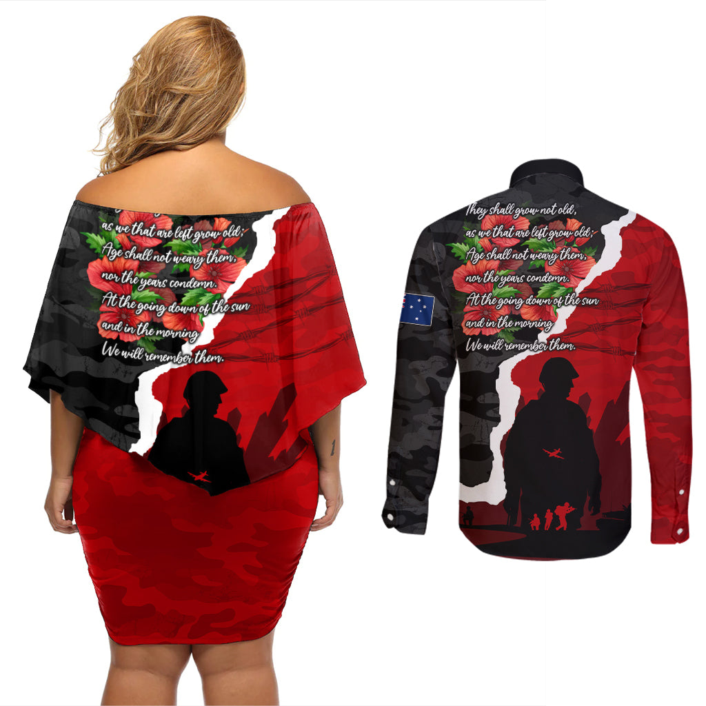 Anzac Day Camouflage Couples Matching Off Shoulder Short Dress and Long Sleeve Button Shirt Ode of Remembrance