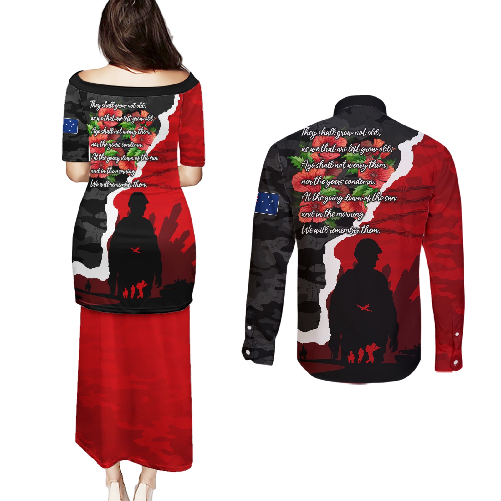 Anzac Day Camouflage Couples Matching Puletasi and Long Sleeve Button Shirt Ode of Remembrance