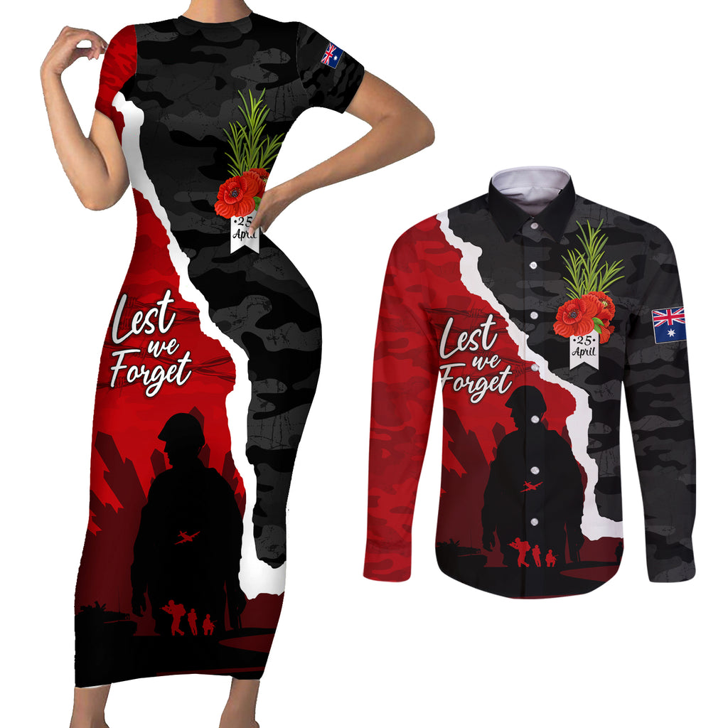 Anzac Day Camouflage Couples Matching Short Sleeve Bodycon Dress and Long Sleeve Button Shirt Ode of Remembrance