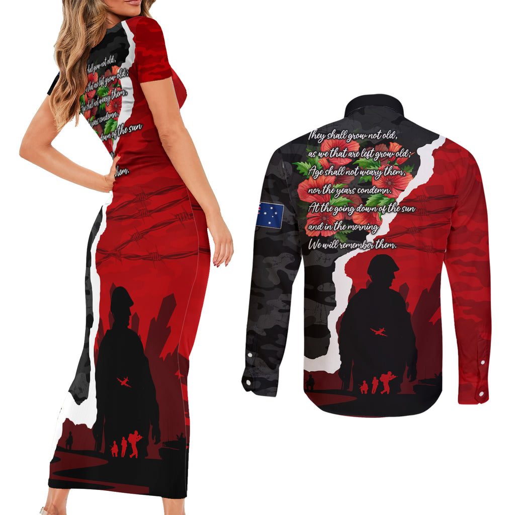 Anzac Day Camouflage Couples Matching Short Sleeve Bodycon Dress and Long Sleeve Button Shirt Ode of Remembrance