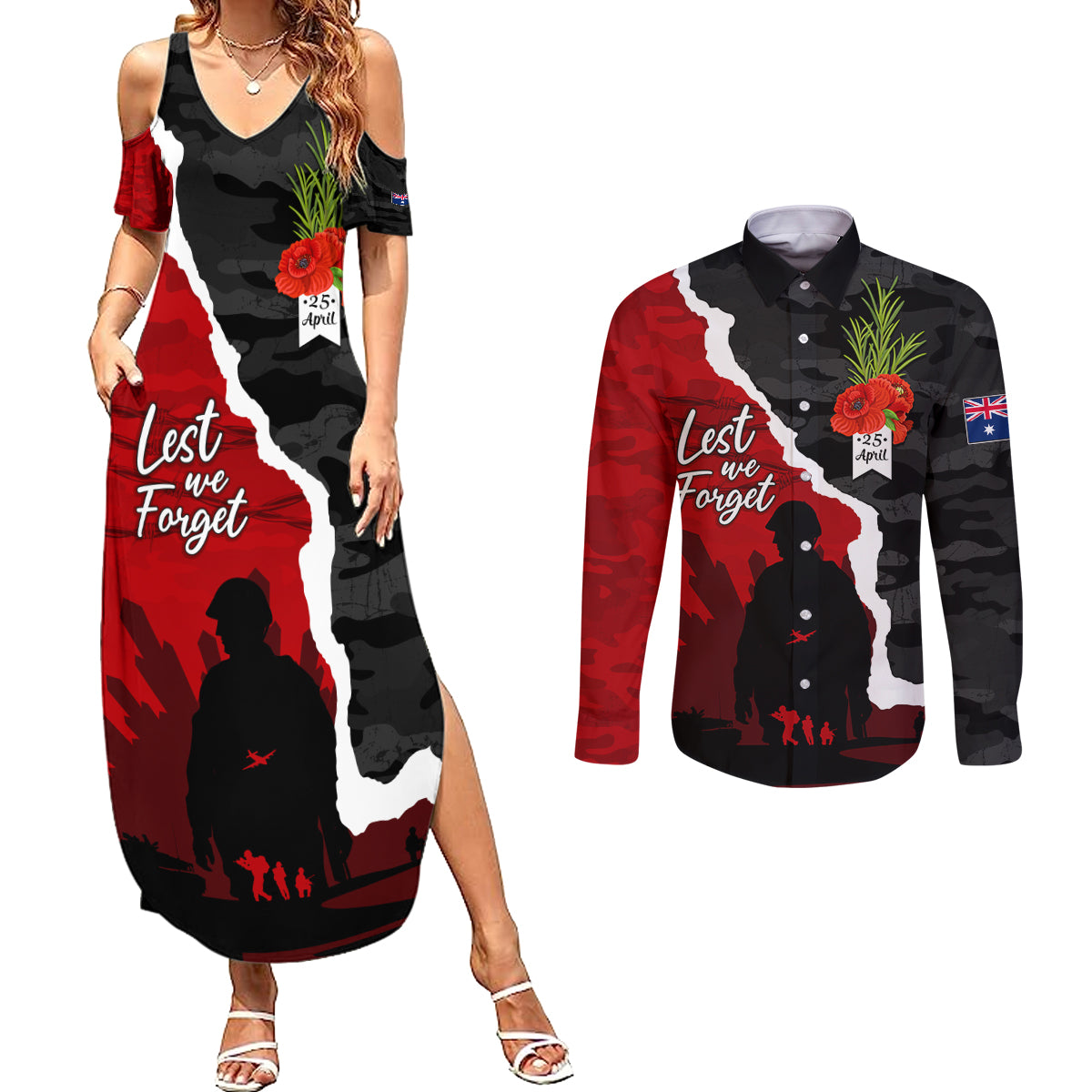 Anzac Day Camouflage Couples Matching Summer Maxi Dress and Long Sleeve Button Shirt Ode of Remembrance
