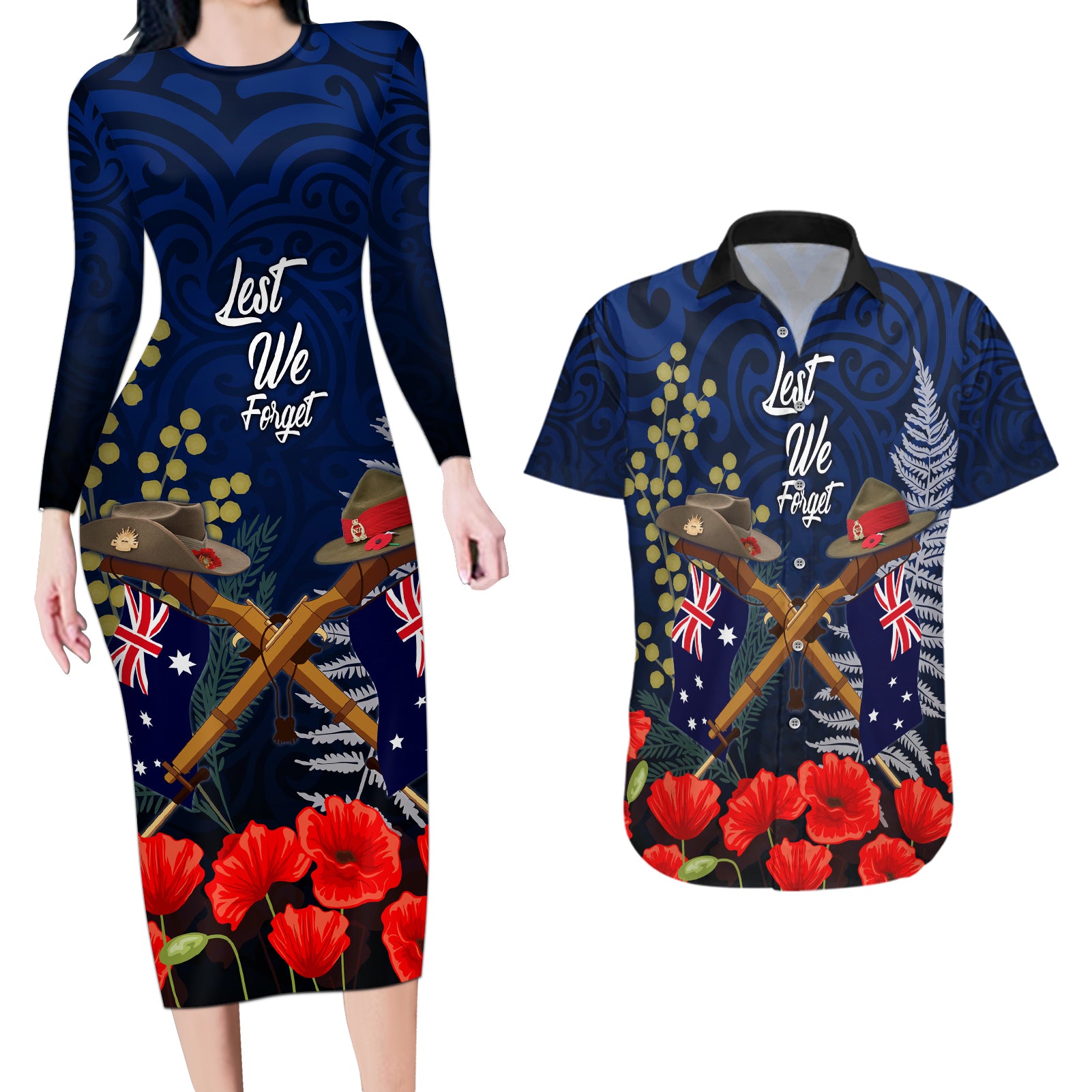 Anzac Day Aussie Mix Maori In Memories Couples Matching Long Sleeve Bodycon Dress and Hawaiian Shirt