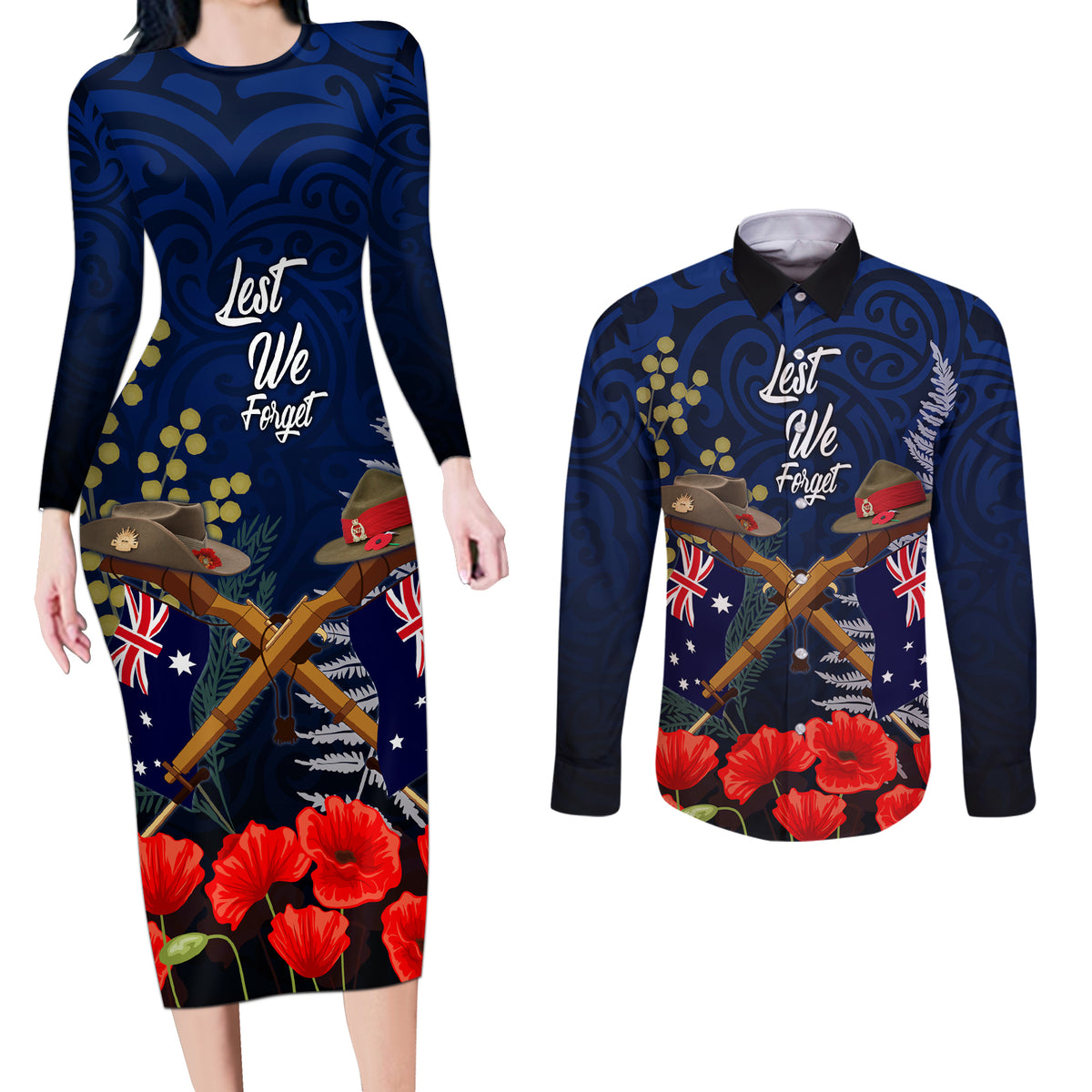 Anzac Day Aussie Mix Maori In Memories Couples Matching Long Sleeve Bodycon Dress and Long Sleeve Button Shirt