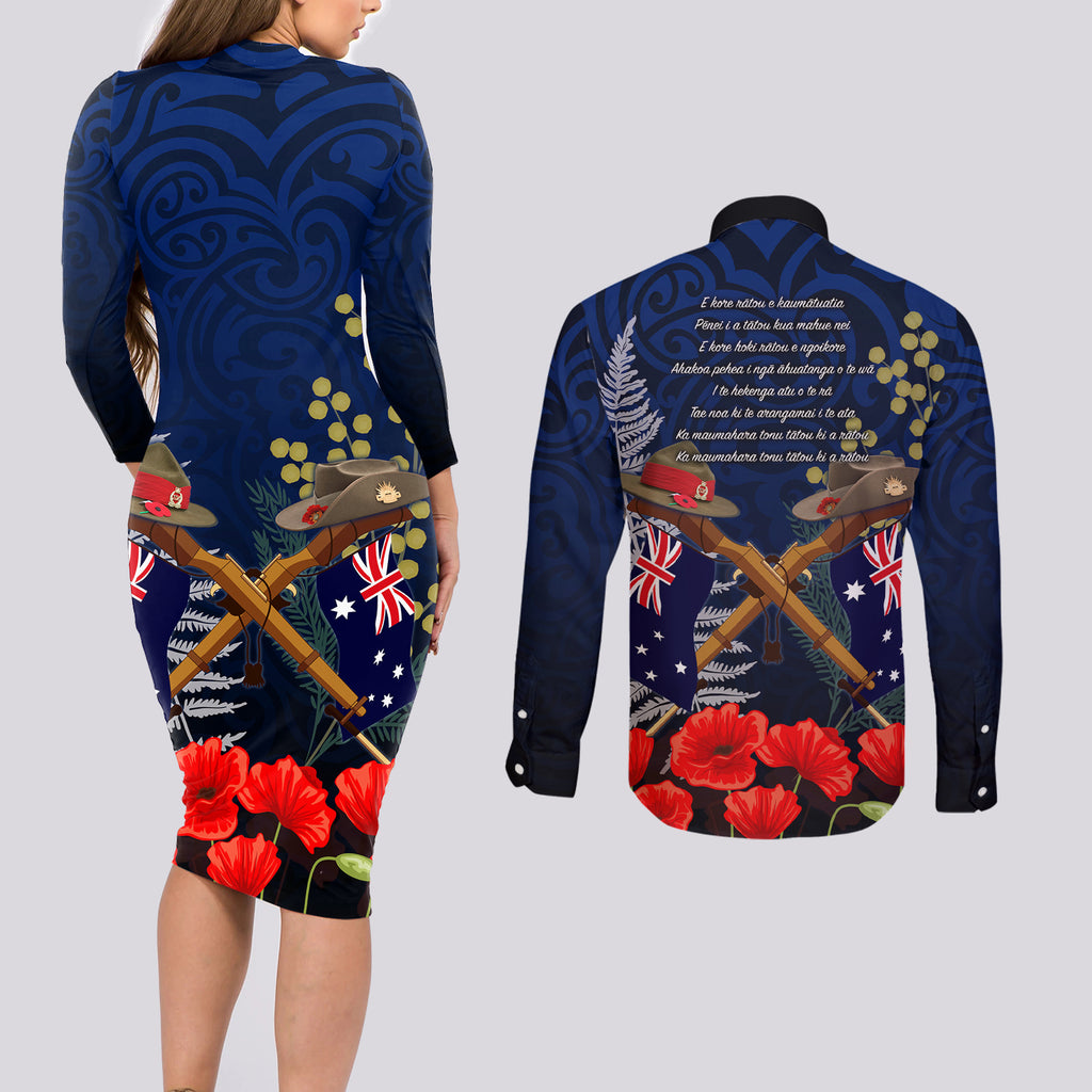 Anzac Day Aussie Mix Maori In Memories Couples Matching Long Sleeve Bodycon Dress and Long Sleeve Button Shirt
