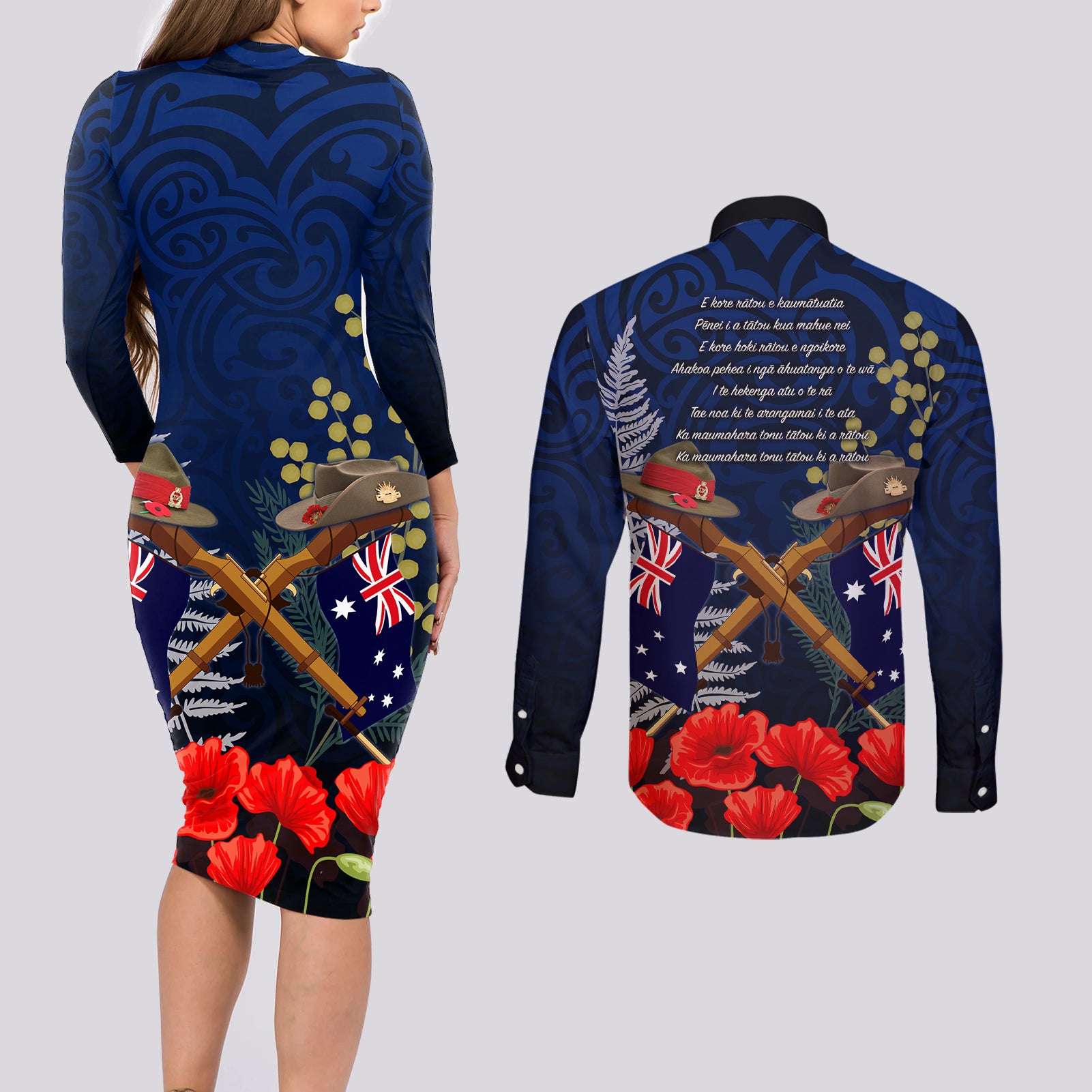 Anzac Day Aussie Mix Maori In Memories Couples Matching Long Sleeve Bodycon Dress and Long Sleeve Button Shirt