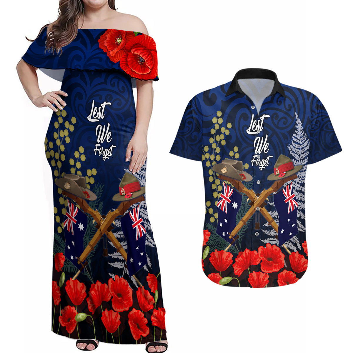 Anzac Day Aussie Mix Maori In Memories Couples Matching Off Shoulder Maxi Dress and Hawaiian Shirt