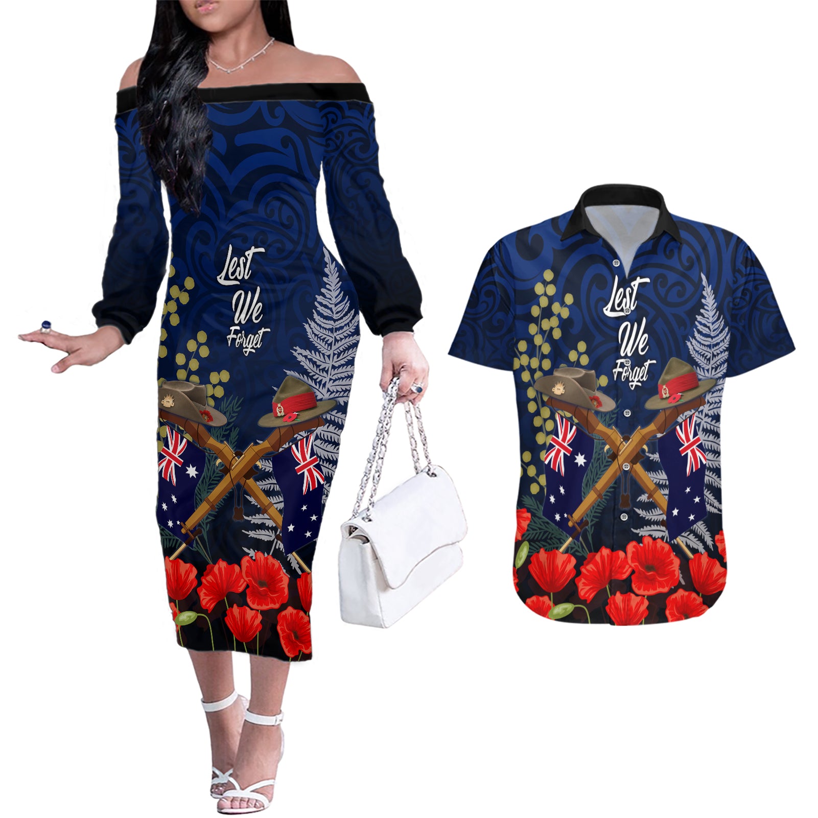 Anzac Day Aussie Mix Maori In Memories Couples Matching Off The Shoulder Long Sleeve Dress and Hawaiian Shirt