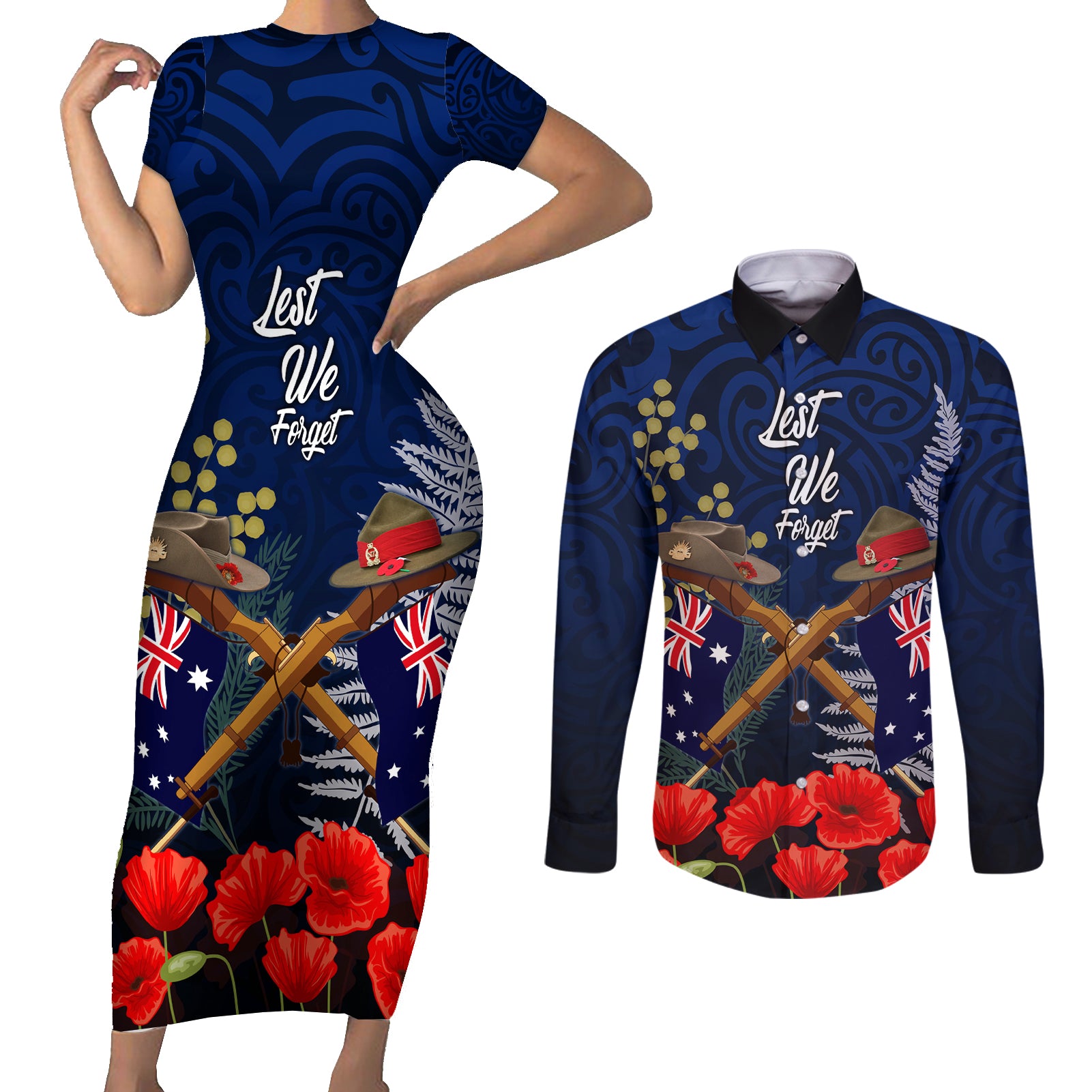 Anzac Day Aussie Mix Maori In Memories Couples Matching Short Sleeve Bodycon Dress and Long Sleeve Button Shirt