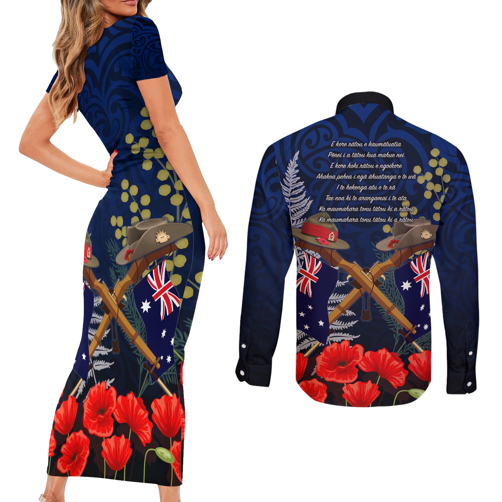 Anzac Day Aussie Mix Maori In Memories Couples Matching Short Sleeve Bodycon Dress and Long Sleeve Button Shirt