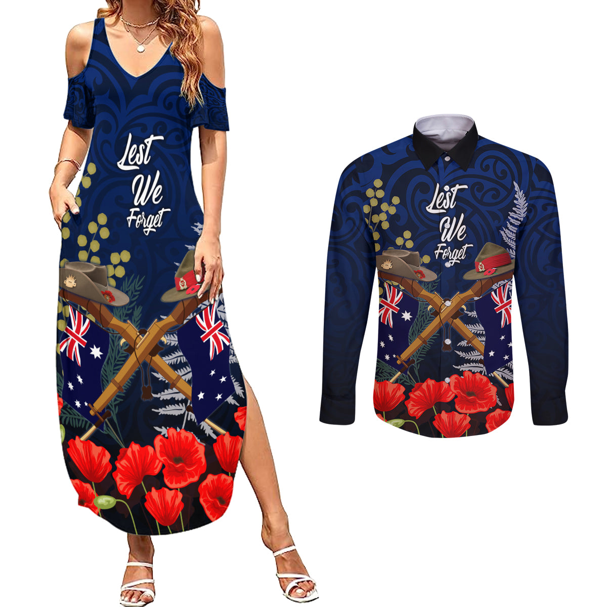 Anzac Day Aussie Mix Maori In Memories Couples Matching Summer Maxi Dress and Long Sleeve Button Shirt