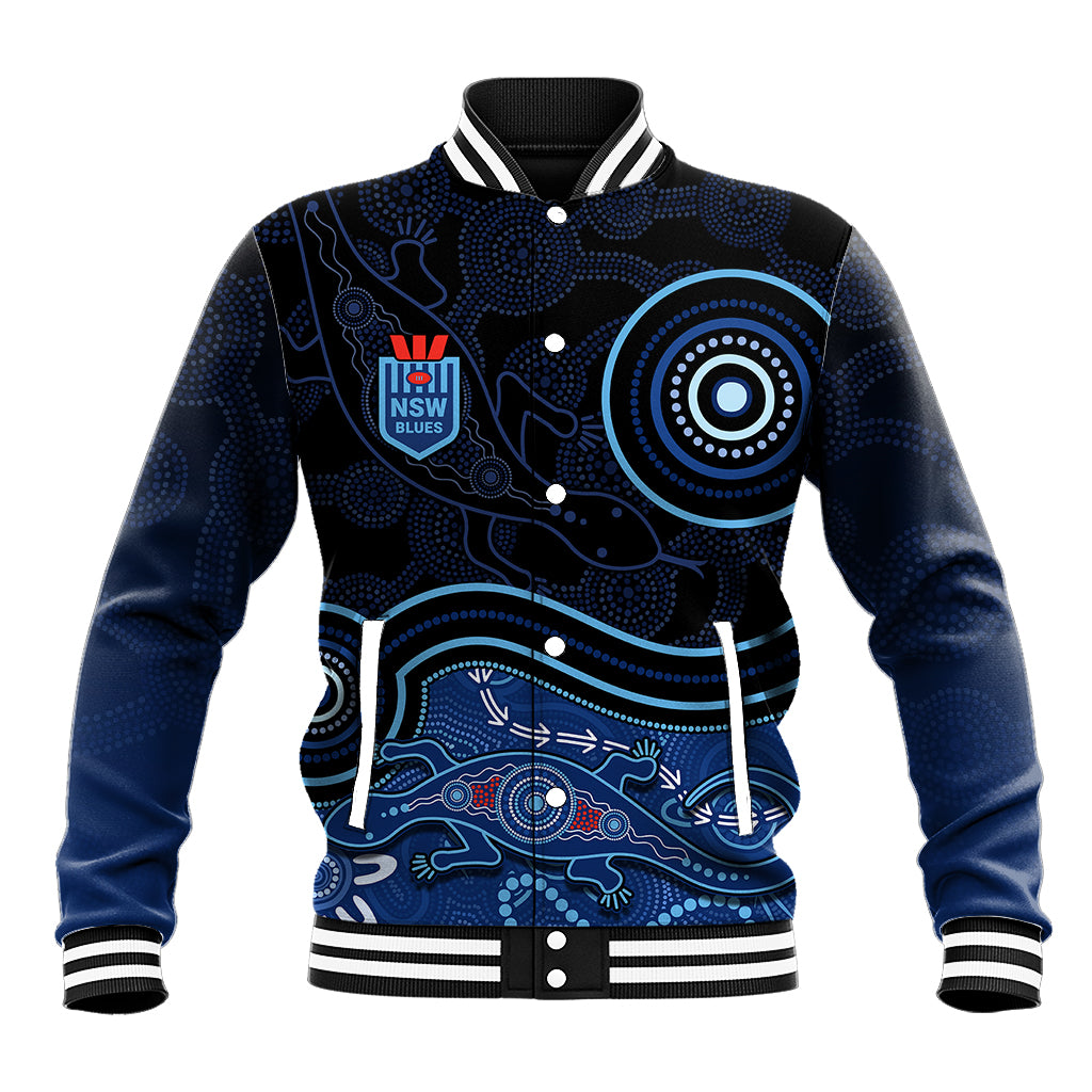 personalised-nsw-blues-rugby-indigenous-baseball-jacket-lizard-aboriginal-dot-art