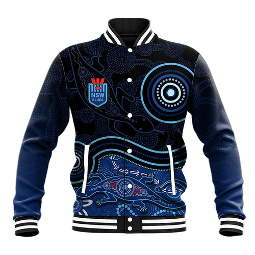 personalised-nsw-blues-rugby-indigenous-baseball-jacket-lizard-aboriginal-dot-art