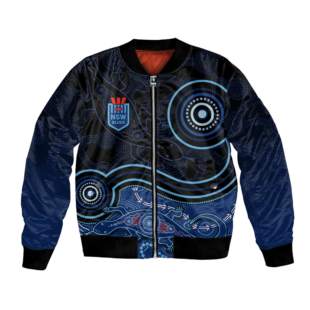 personalised-nsw-blues-rugby-indigenous-bomber-jacket-lizard-aboriginal-dot-art