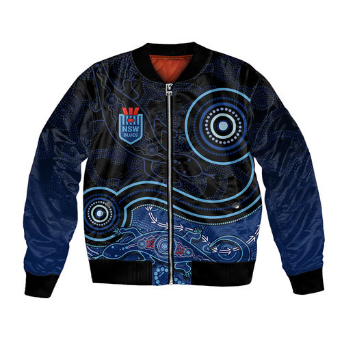 personalised-nsw-blues-rugby-indigenous-bomber-jacket-lizard-aboriginal-dot-art