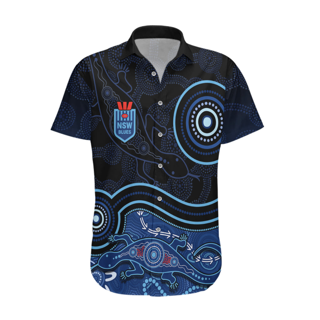 personalised-nsw-blues-rugby-indigenous-hawaiian-shirt-lizard-aboriginal-dot-art