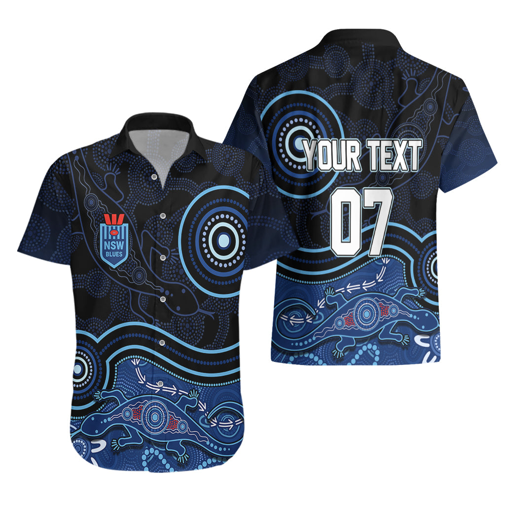 personalised-nsw-blues-rugby-indigenous-hawaiian-shirt-lizard-aboriginal-dot-art