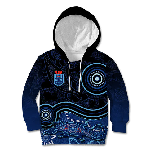 personalised-nsw-blues-rugby-indigenous-kid-hoodie-lizard-aboriginal-dot-art