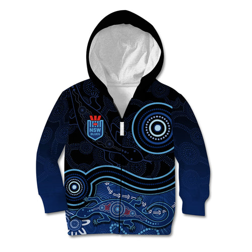 personalised-nsw-blues-rugby-indigenous-kid-hoodie-lizard-aboriginal-dot-art
