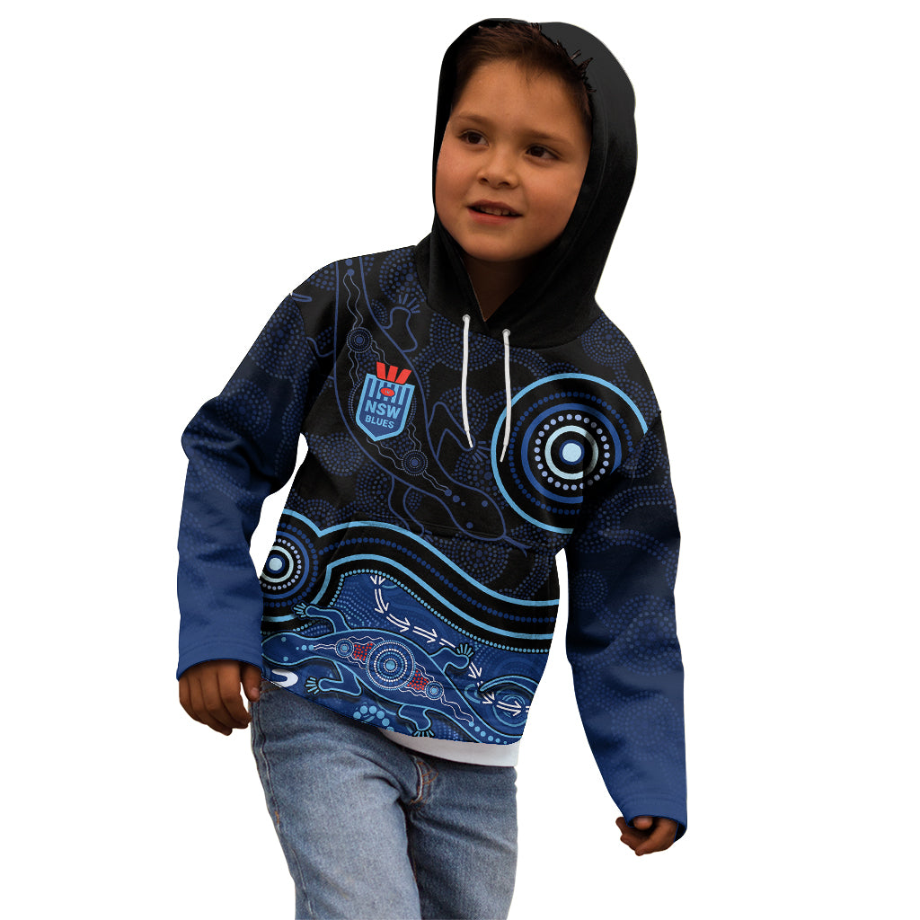 personalised-nsw-blues-rugby-indigenous-kid-hoodie-lizard-aboriginal-dot-art