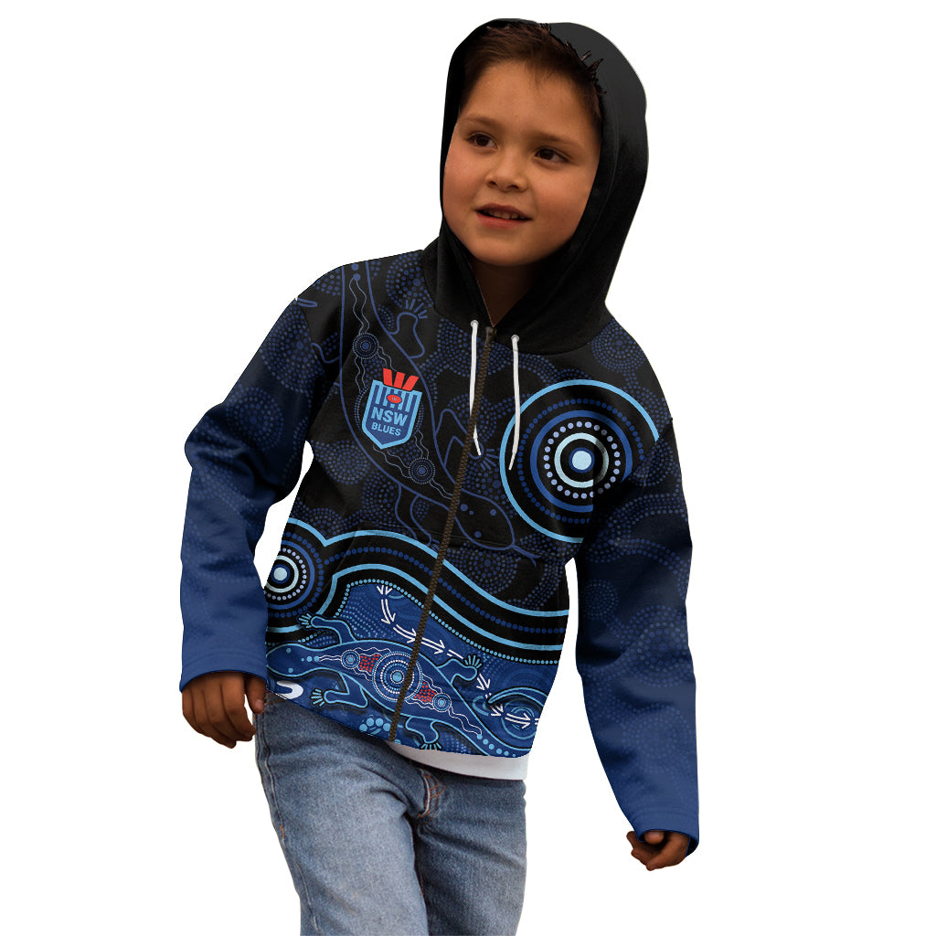 personalised-nsw-blues-rugby-indigenous-kid-hoodie-lizard-aboriginal-dot-art