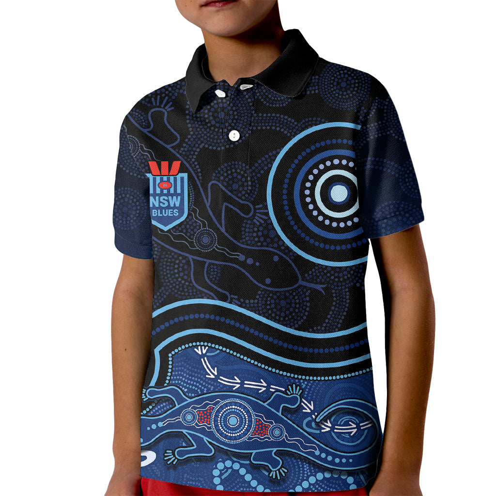 personalised-nsw-blues-rugby-indigenous-kid-polo-shirt-lizard-aboriginal-dot-art