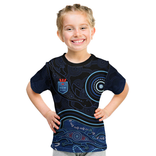 personalised-nsw-blues-rugby-indigenous-kid-t-shirt-lizard-aboriginal-dot-art