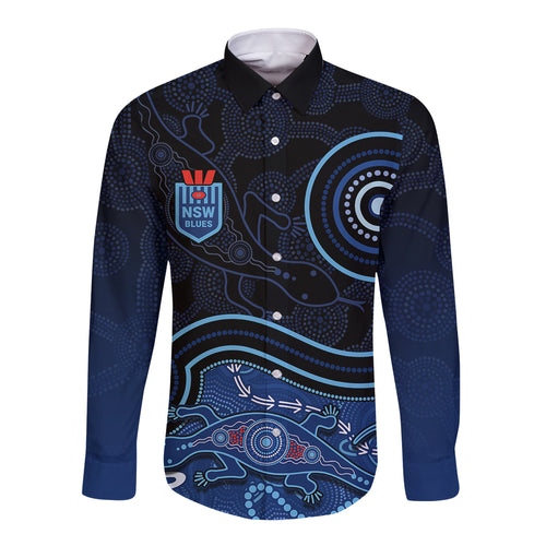 personalised-nsw-blues-rugby-indigenous-long-sleeve-button-shirt-lizard-aboriginal-dot-art