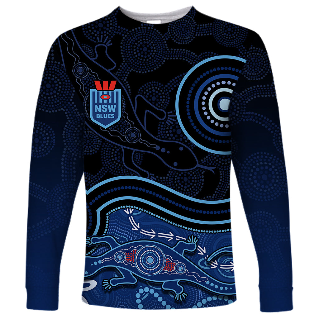 personalised-nsw-blues-rugby-indigenous-long-sleeve-shirt-lizard-aboriginal-dot-art
