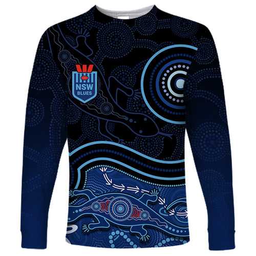 personalised-nsw-blues-rugby-indigenous-long-sleeve-shirt-lizard-aboriginal-dot-art