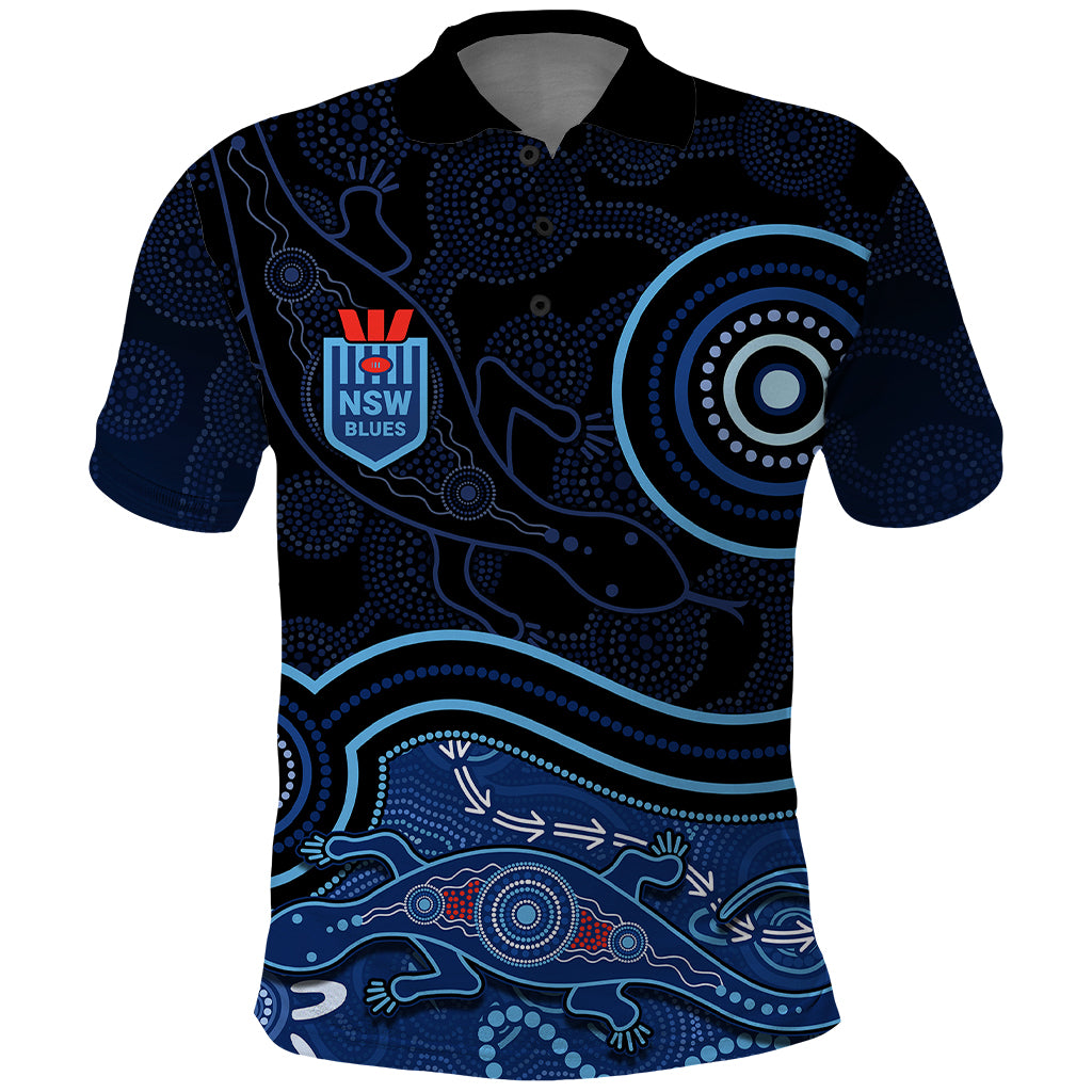 personalised-nsw-blues-rugby-indigenous-polo-shirt-lizard-aboriginal-dot-art