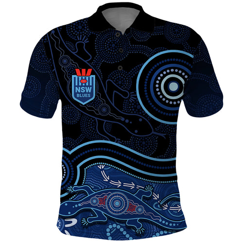 personalised-nsw-blues-rugby-indigenous-polo-shirt-lizard-aboriginal-dot-art