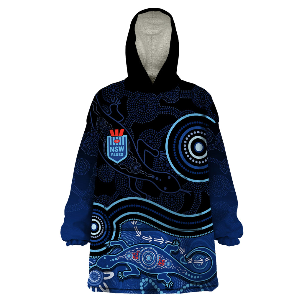 personalised-nsw-blues-rugby-indigenous-wearable-blanket-hoodie-lizard-aboriginal-dot-art