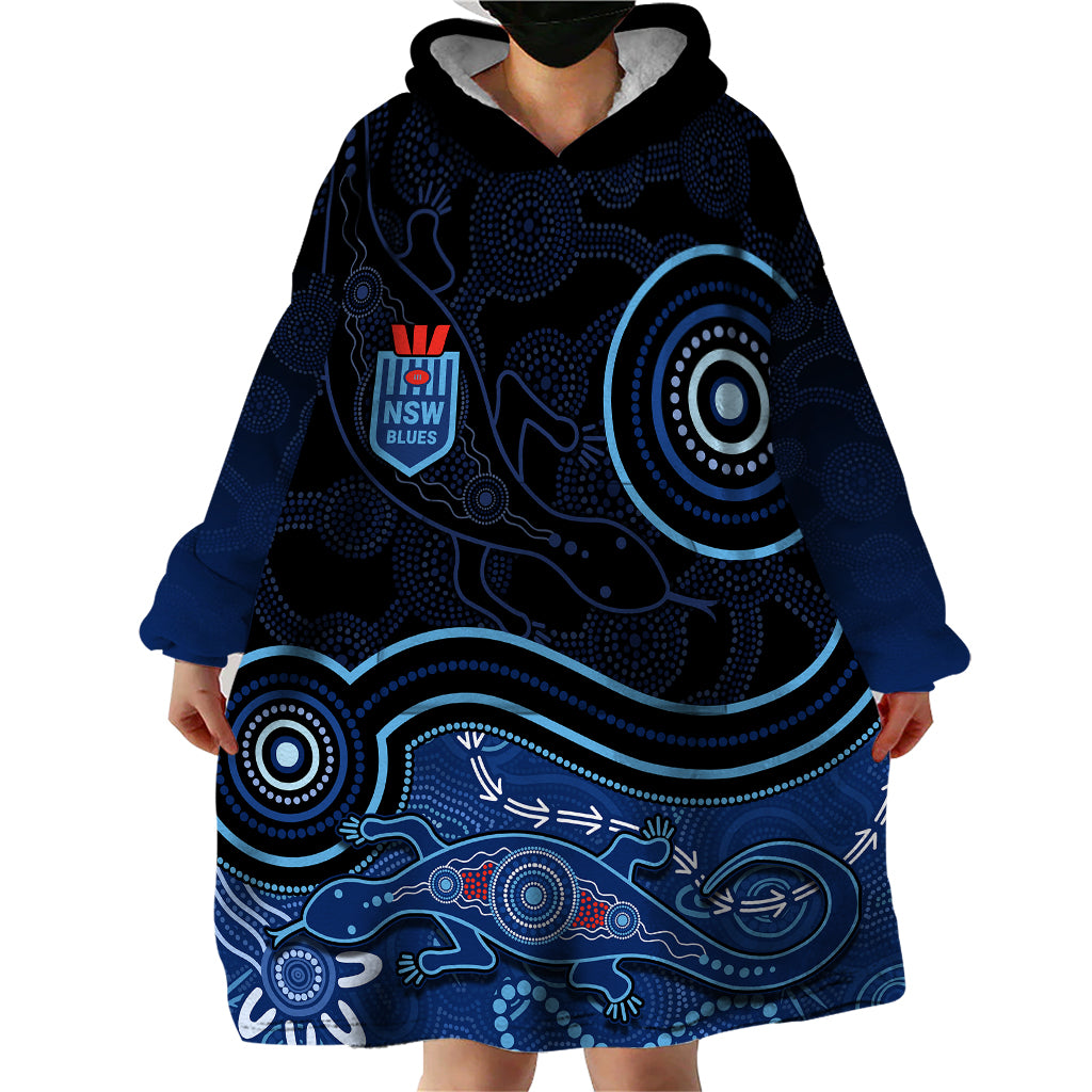 personalised-nsw-blues-rugby-indigenous-wearable-blanket-hoodie-lizard-aboriginal-dot-art