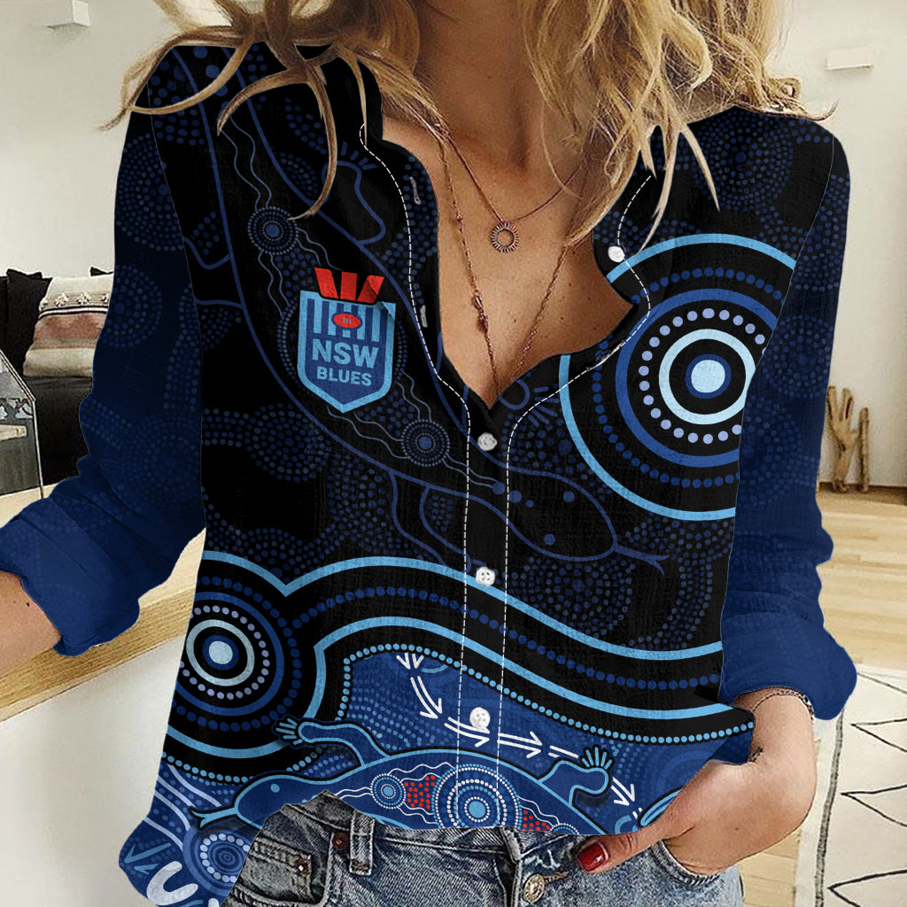 Personalised NSW Blues Rugby Indigenous Women Casual Shirt Lizard Aboriginal Dot Art LT7