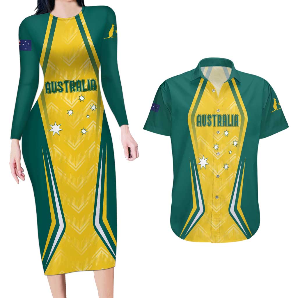 Australia 2024 Olympics Custom Couples Matching Long Sleeve Bodycon Dress and Hawaiian Shirt Rise of the Roos