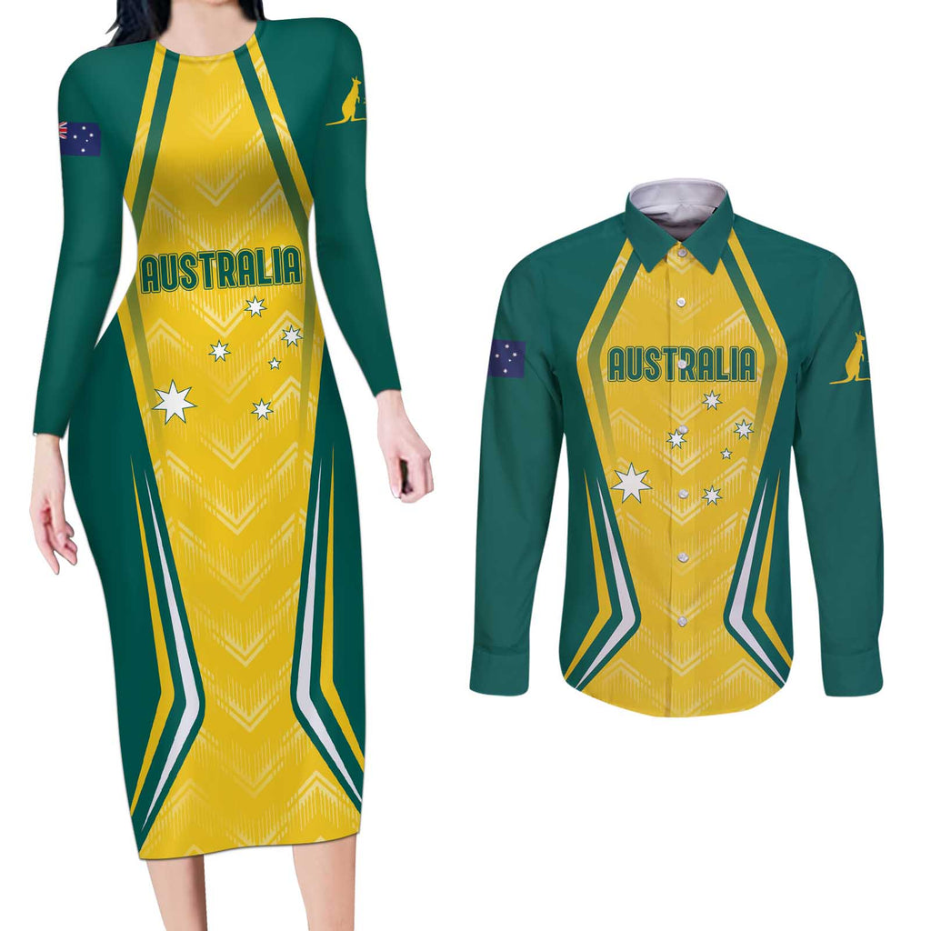 Australia 2024 Olympics Custom Couples Matching Long Sleeve Bodycon Dress and Long Sleeve Button Shirt Rise of the Roos