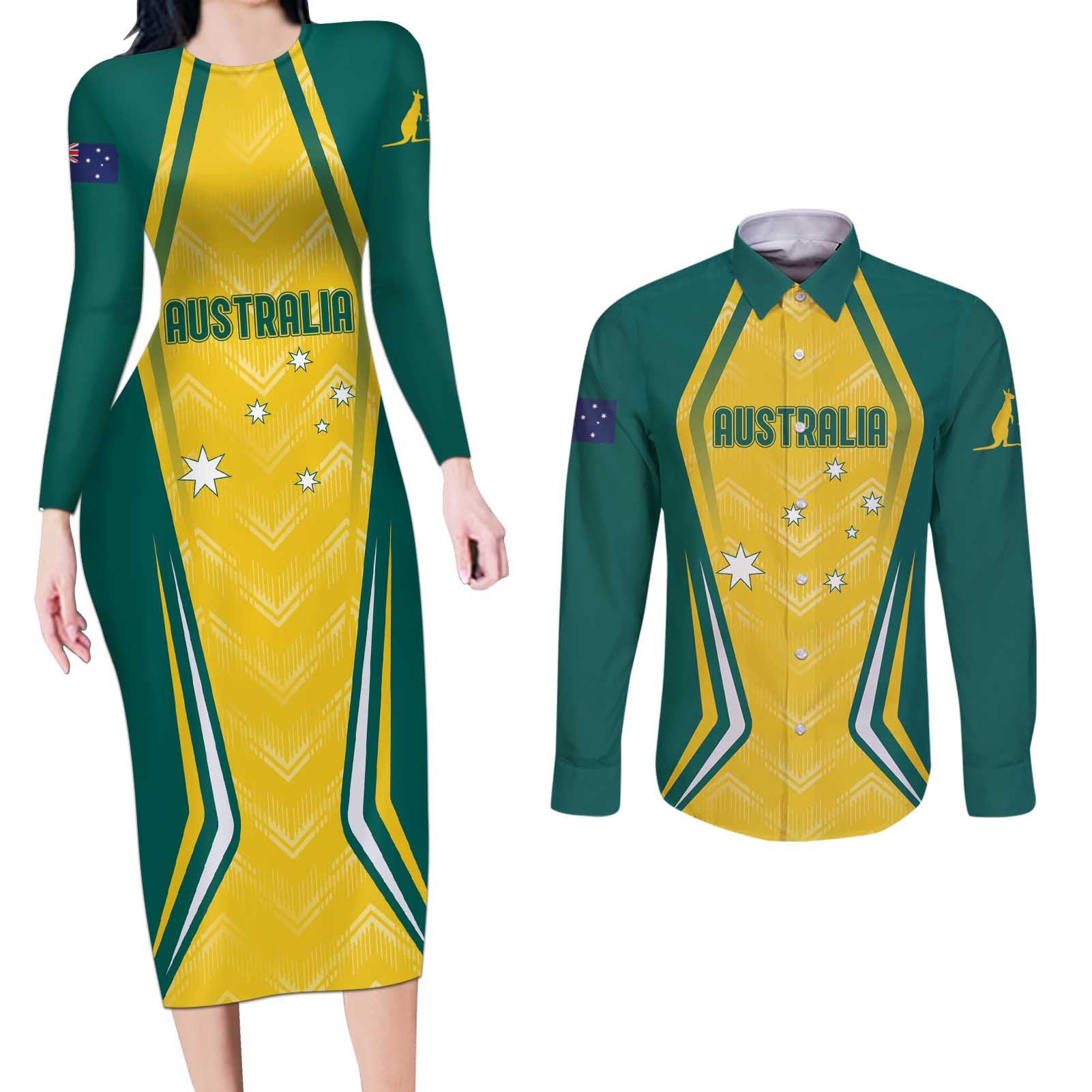 Australia 2024 Olympics Custom Couples Matching Long Sleeve Bodycon Dress and Long Sleeve Button Shirt Rise of the Roos