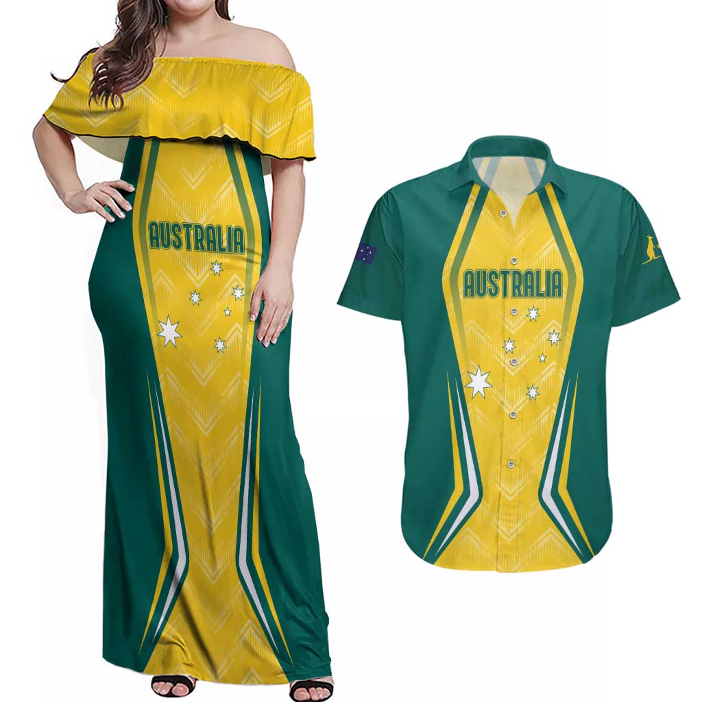 Australia 2024 Olympics Custom Couples Matching Off Shoulder Maxi Dress and Hawaiian Shirt Rise of the Roos
