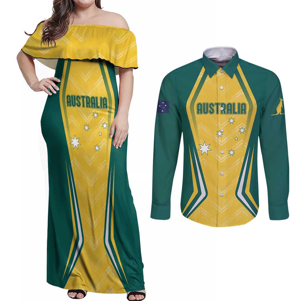 Australia 2024 Olympics Custom Couples Matching Off Shoulder Maxi Dress and Long Sleeve Button Shirt Rise of the Roos