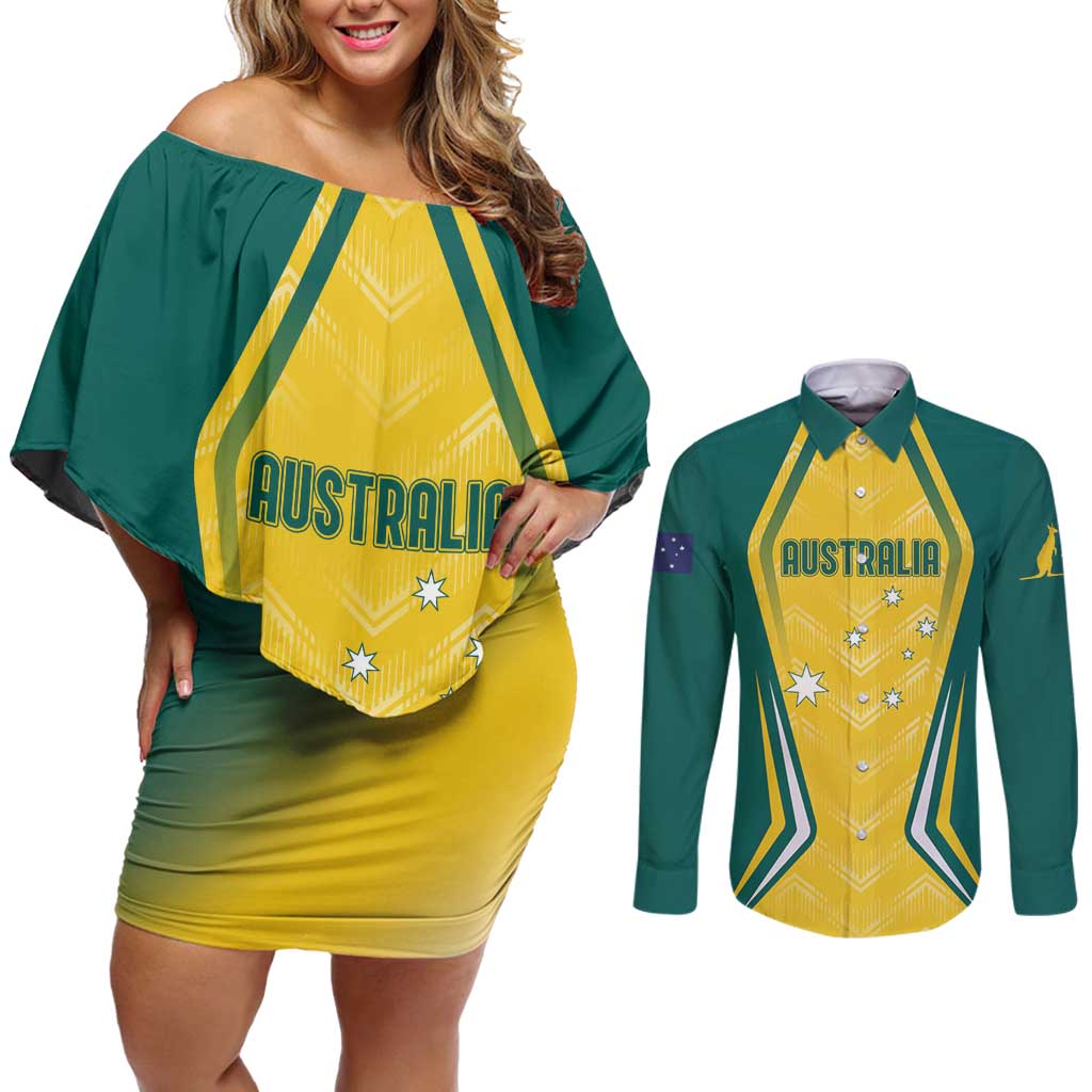 Australia 2024 Olympics Custom Couples Matching Off Shoulder Short Dress and Long Sleeve Button Shirt Rise of the Roos