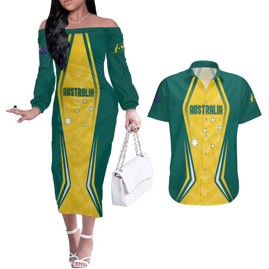 Australia 2024 Olympics Custom Couples Matching Off The Shoulder Long Sleeve Dress and Hawaiian Shirt Rise of the Roos